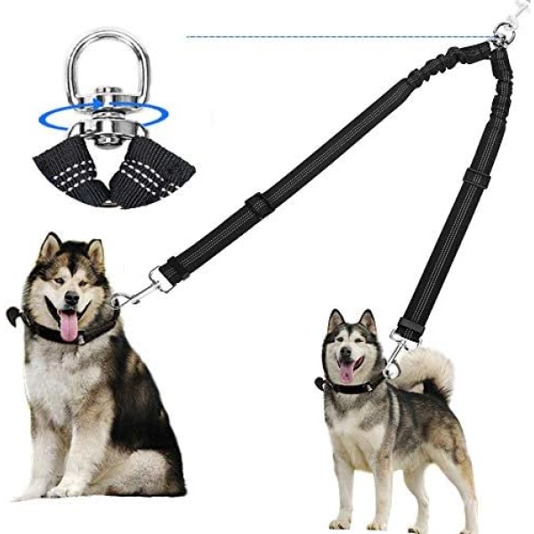 Corooci 2 Dog Leash, No Tangle 360° Swivel Rotation Heavy Duty Dog Lead for 2 Dogs, Ajustable Bungee Reflective Dual Dog Leash