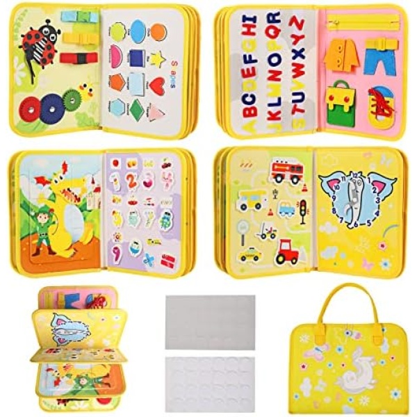 Coxedafi Busy Board for 1-5 Year Old Boys Girls, 5 Page Toddler Montessori Sensory Toys, Fine Motor Skills Learning Educational Preschool Travel Busy Book (Yellow)