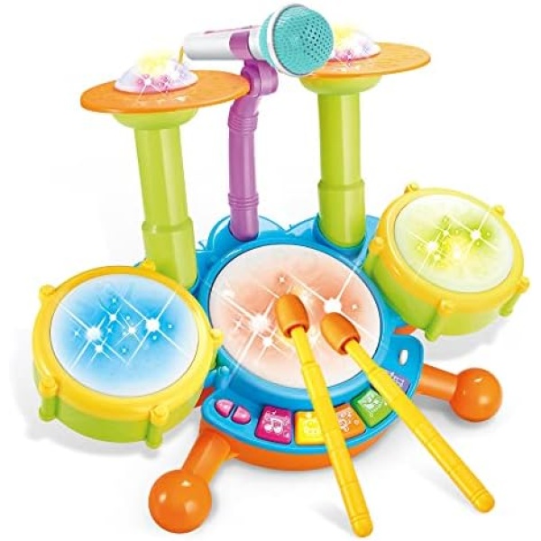 Cozybuy Kids Drum Set, Electronic Musical Instruments Toddlers Toys with 2 Drum Sticks, Beats Flash Light and Adjustable Microphone, Birthday Gift for 1-12 Years Old Boys and Girls