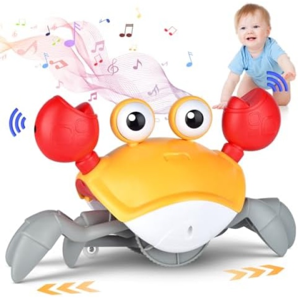 Crawling Crab Baby Toy, Infant Electronic Walking Crab with Music LED Light Up and Automatically Avoid Obstacles, Baby Interactive Learning Toy for Boys Girls Gift Yellow