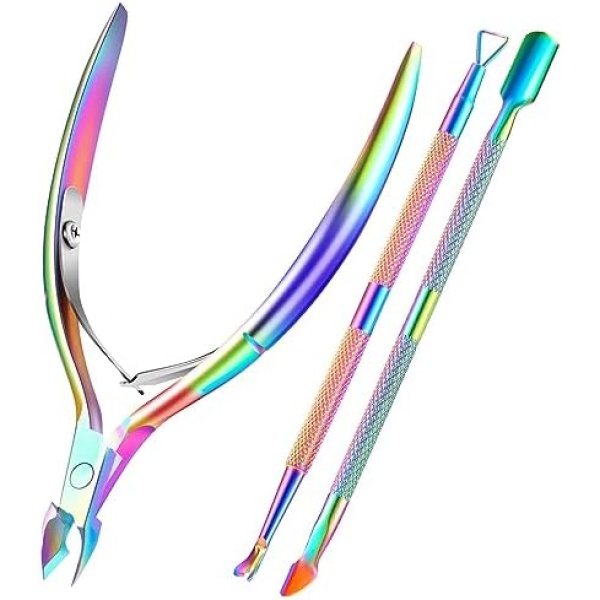 Cuticle Trimmer with Cuticle Pusher, XUNXMAS Cuticle Remover Cutter Nipper Scissor and Triangle Cuticle Nail Pusher Peeler Scraper, Durable Dead Skin Clipper Manicure Pedicure Tools (Colorful)