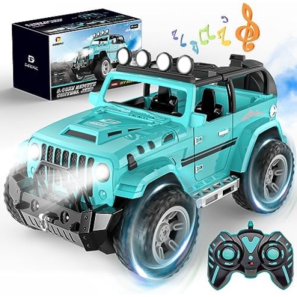 DEERC Jeep RC Car W/Spray Function, Remote Control Car W/Fog Mist, 1:16 Off-Road Truck W/ 2 Batteries, LED Lights& Sound, 50+ Min Play, 2.4Ghz All Terrain SUV Electric Vehicle Toy for Boys Adults