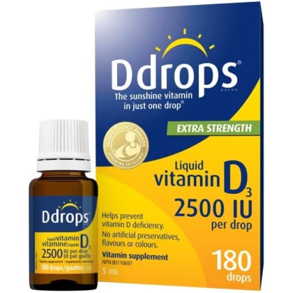 Ddrops Adults 2500IU Liquid Vitamin D3 Drops, 180 drops. Extra Strength. No Large Capsules, No Preservatives, Non-GMO, Allergy-friendly