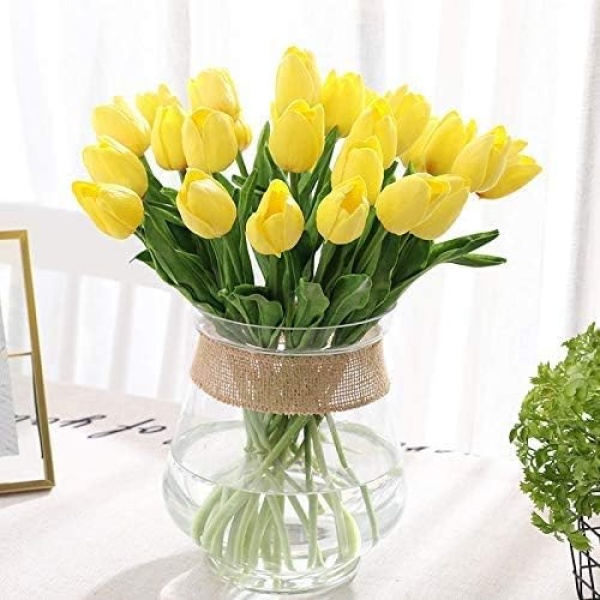 DecoForU 15 Pcs Artificial Tulips Flowers Real Touch Fake Flowers Artificial Tulips Flowers Arrangement Bouquet Decoration for Home Room Office Wedding Party(Yellow)