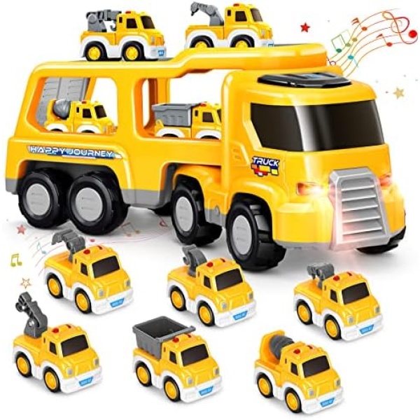 Dreamon 6 in 1 Construction Toys Set, Transport Carrier Truck Toy with Sound Light, 6 Friction Power Diecast Trucks Toys Car, Gift for Toddlers Boys 3 4 5 6