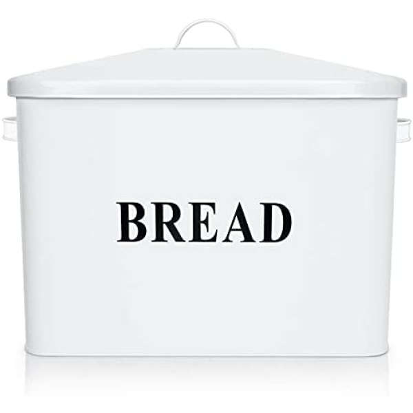 E-far Bread Box, Metal Bread Box with Lid for Kitchen Countertop, Large Bread Bin Holder Storage Container - 13" x 9.8" x 7.3" - Holds 2+ Loaves, Modern Farmhouse & Vintage Style - White