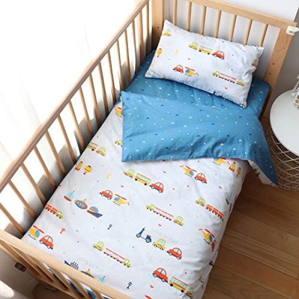 Emenpy 100% Cotton Crib Bedding Set for Infant Boys Girls,3 Pcs Baby Bed Linen Include Duvet Cover,Fitted Sheet,Pillowcase,Nursery Decoration,No Filler(Navy)