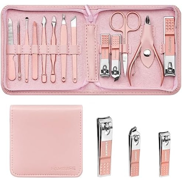 FAMILIFE F06 Manicure Set, 13pcs Pedicure Kit Rose Gold Nail Clipper Set Professional Manicure Kit Grooming Kit Stainless Steel Portable Travel Nail Tools With Pink Leather Case for Women Girl