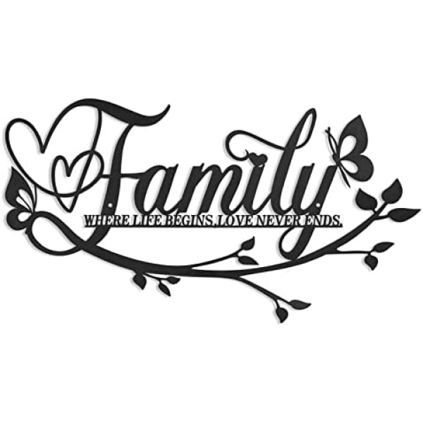 Family Where Life Begins Love Never Ends Word Sign Metal Wall Decor, Home Decor Wall Art Decorations, Letters Quotes Sign for Living Room Bedroom Kitchen Indoor Outdoor Decor(17.5 x 9in