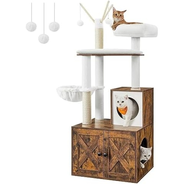 Feandrea WoodyWonders Cat Tree with Litter Box Enclosure, 2-in-1 Modern Cat Tower, Cat Condo with Scratching Post, Hammock, Pompom Sticks, Rustic Brown UPCT113X01