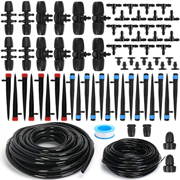 Flantor Drip Irrigation Kit, 100FT Garden Watering System Automatic Irrigation Equipment with 1/4 inch & 3/8 inch Blank Distribution Tubing, DIY Greenhouse Micro Drip Irrigation Kit for Garden, Greenhouse, Flower Bed, Lawn