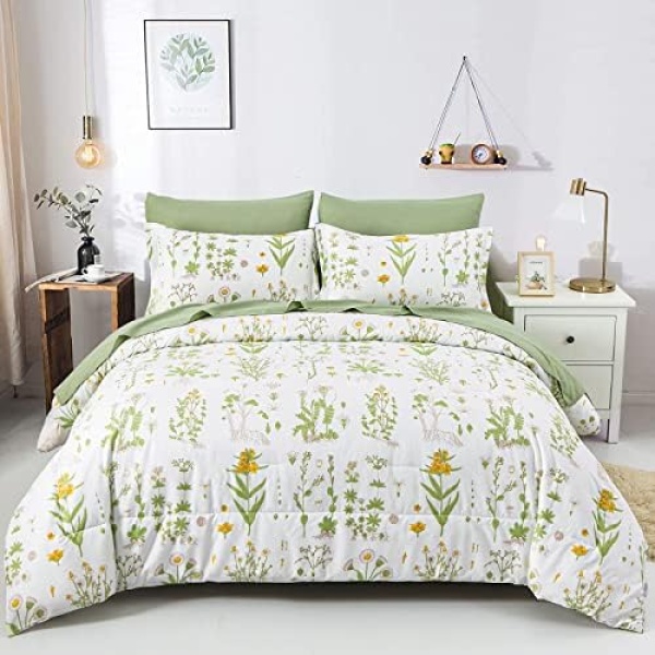 Floral Comforter Set Queen Plant Botanical Duvet Green Leaves Yellow Flower Floral Garden Pattern on Light Green Not Pure White Bedding Set 3 Pieces Comforter with 2 Pillowcases 90"x90" (Light Green)