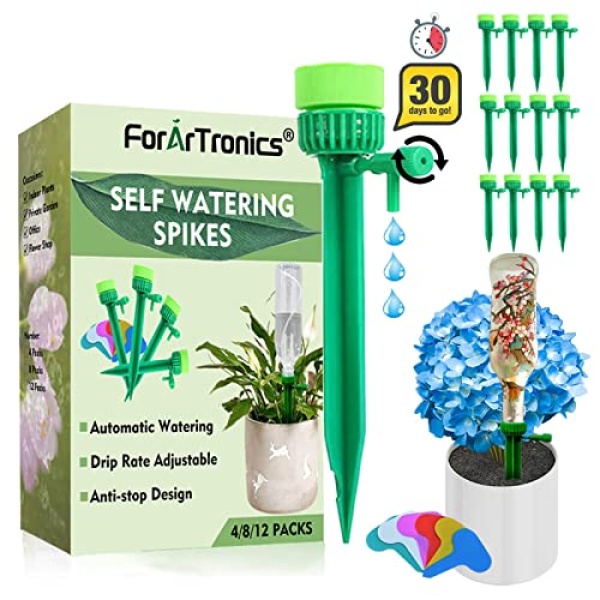 ForarTronics Self Watering Spikes|12Pcs Drip Rate Controllable Self Watering Pots with Dual Caliber Adapter, Watering Globes for Outdoor Indoor Plants,4/8/12Pcs,Green