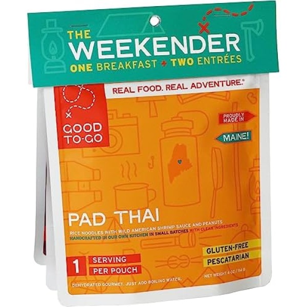 GOOD TO-GO Weekender 3-Pack Variety #2 | 2 Entrees + 1 Breakfast | Pad Thai, Granola, Indian Vegetable Korma | Dehydrated Backpacking and Camping Food | Gift Ideas | Easy to Prepare