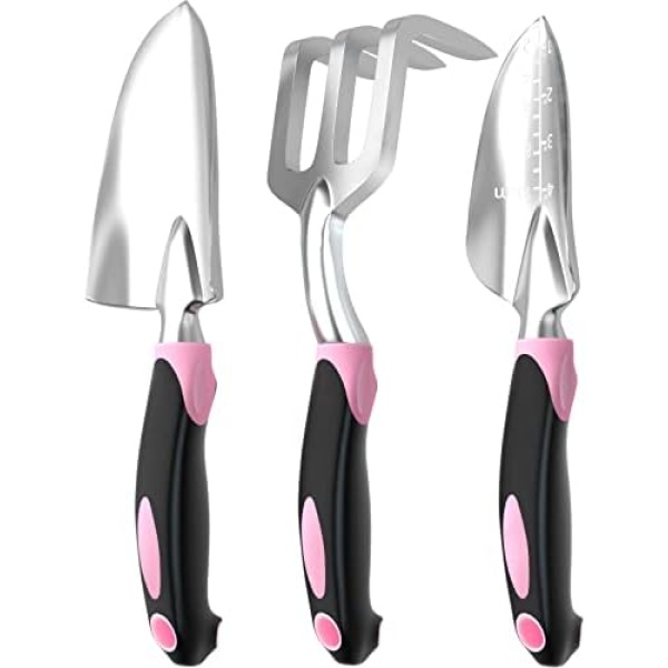 Garden Tool Set SOYUS Heavy Duty 3 Piece Gardening Hand Tools Aluminum Garden Shovel for Planting Hand Trowel Cultivator Rake with Ergonomic Non-Slip Rubber Grip Pink Gardening Gifts for Women