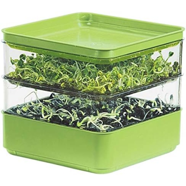 Gardens Alive Seed Sprouter Kit, Two Tier Stackable Seedling Starter Tray with Lid, Microgreens Propagator Mini Plant Grow Trays, Germinate Seeds Indoors, Healthy Snacks, Bean Sprouts, Soil Free