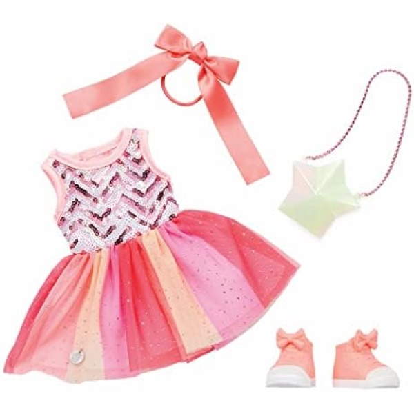 Glitter Girls – 14-Inch Doll Clothes – Sequined Party Dress – Pink High-Tops & Star Purse – Elastic Hair Bow – 3 Years + – Starlight Delight