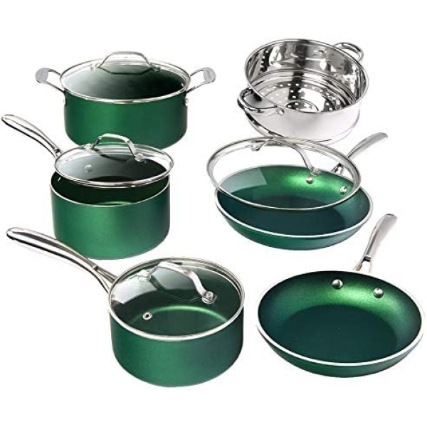 Granitestone Diamond Granite Stone Classic Emerald Pots and Pans Set with Ultra Nonstick Durable Mineral & Diamond Tripple Coated Surface, Stainless Steel Stay Cool Handles, 10 Piece Cookware, Green…