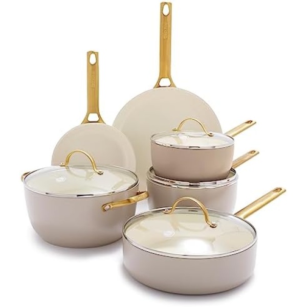 GreenPan Reserve Hard Anodized Healthy Ceramic Nonstick 10 Piece Cookware Pots and Pans Set, Gold Handle, PFAS-Free, Dishwasher Safe, Oven Safe, Taupe