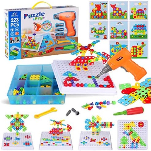 Haifeng 223 Pieces Drill Activity Center STEM Learning Kit with Toy Electric Drill, Mosaic Puzzle Construction Engineering Building Blocks Set, Best Kids Educational Toys for Boys & Girls Age 3 4 5 6 7 8 Year Olds