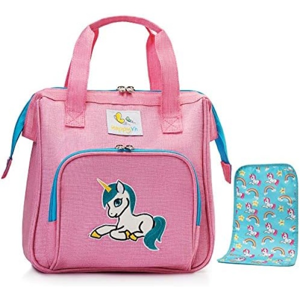 HappyVk- Pink Baby Doll Diaper Bag with Doll Changing Pad Unicorn Embroidery