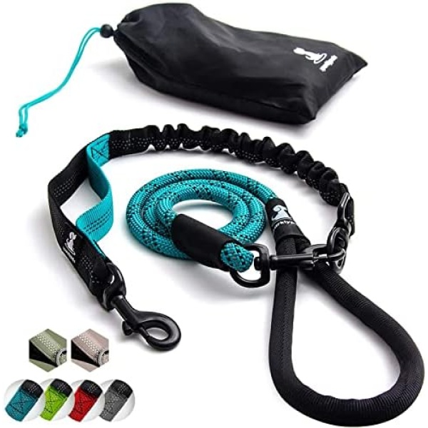 Heavy Duty Rope Leash for Large and Medium Dogs with Anti-Pull Bungee for Shock Absorption - No Slip Reflective Leash for Outside – Suitable for Dog Training and Walking (Teal, for 1 Dog)