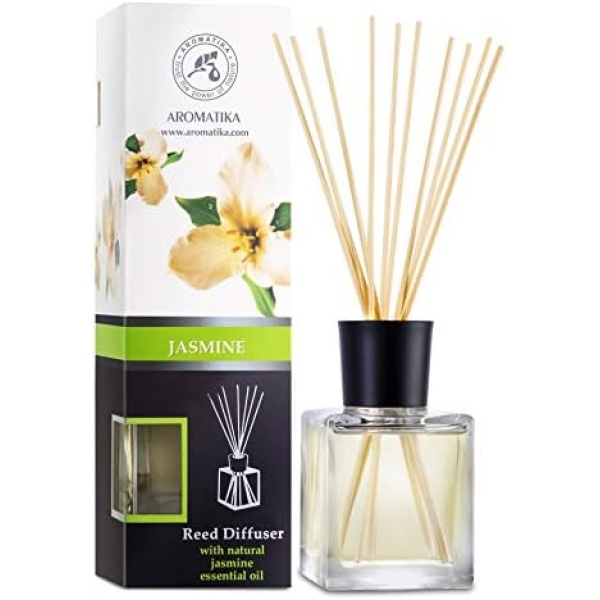 Jasmine Reed Diffuser w/Natural Essential Jasmine Oil 200ml - Fresh & Long Lasting Fragrance - Scented Reed Diffuser - Gift Set w/ 10 Bamboo Sticks - for Aromatherapy - SPA - Home