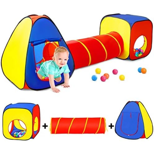 Kids Play Tent with Baby Tunnel+Ball Pit+Castle Tent, 3Pcs Pop Up Toddlers Playhouse for Girls and Boys Gift, Collapsible Children Playground Toy Indoor and Outdoor