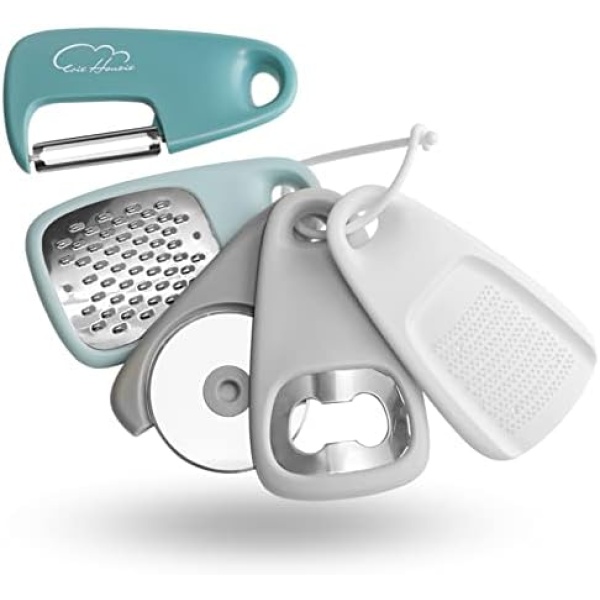 Kitchen Gadgets Set 5 Pieces, Space Saving Cooking Tools Cheese Grater, Bottle Opener, Fruit/Vegetable Peeler, Pizza Cutter, Garlic/Ginger Grinder, Stainless Steel Accessories Dishwasher Safe(Blue)…