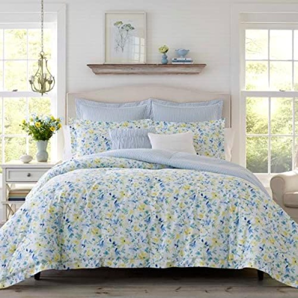 Laura Ashley Home - Queen Comforter Set, Reversible Cotton Bedding, Includes Matching Shams with Bonus Euro Shams & Throw Pillows (Nora Blue, Queen)