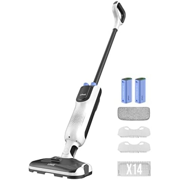 LiTHELi Cordless Vacuum Mop Cleaner, 2-in-1 Hard Floor Stick Vacuum, Wet Dry Mop, 2 Disposable Dust Boxes, 14 Disposable Pads & 1 Washable Pad, 2 Swappable 4000mAh Batteries