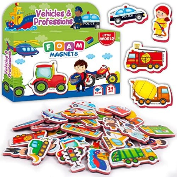 Little World 34 Foam Fridge Magnets for Toddlers - Refrigerator Magnets for Kids – Large Toddler Magnets – Fridge Magnets for Kids – Baby Magnets Vehicles - Learning Kids Magnets