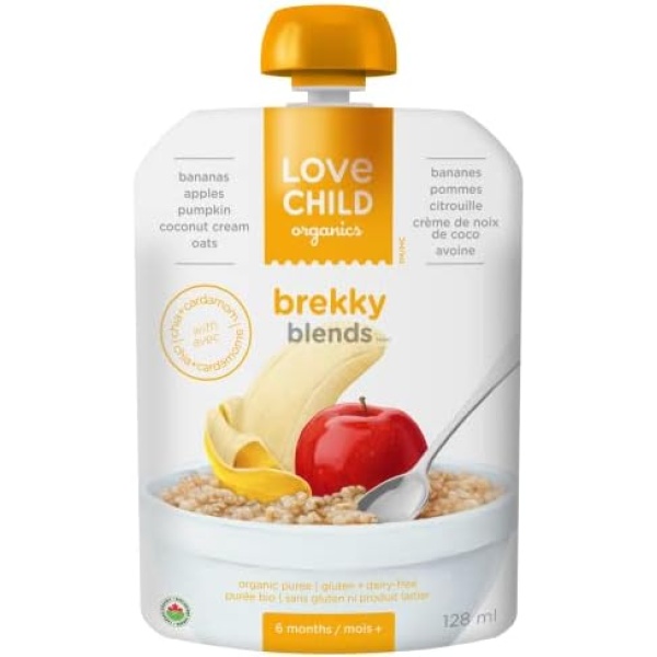 Love Child Organics Brekky Blends, Bananas, Apples, Pumpkin, Cardamom, Baby Food, 128ml Pouch Puree (12 Pack), 6 months plus