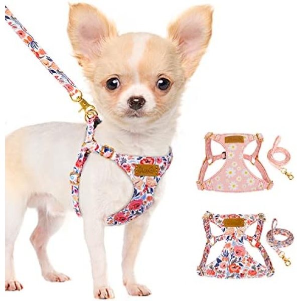 Lukovee Puppy Harness and Leash Set, No Pull Adjustable Lightweight Soft Suede Pet Harness Vest with Snap Buckle for Puppy Small and Medium Size Dog (Flower-XS)