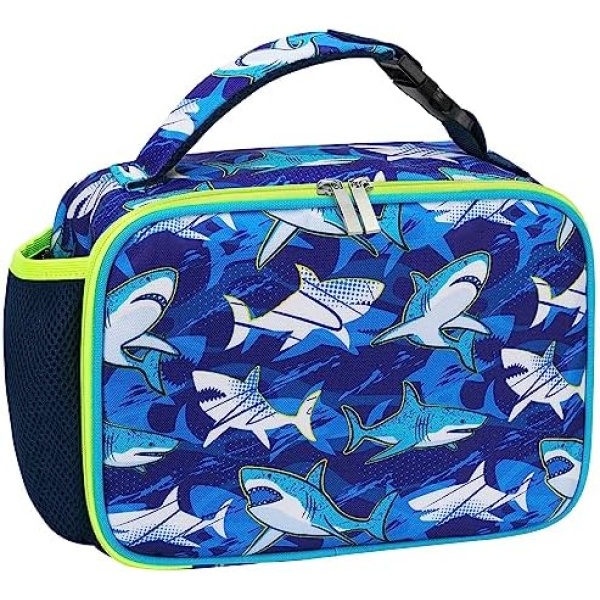 Lunch Bag Kids - Insulated Lunch Box Kids School Student Portable Lunch Box for Boys Kindergarten Preschool Children Reusable Shark Lunch Bag with External Bottle Holder