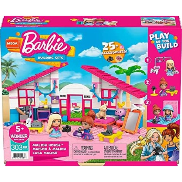 MEGA Barbie Malibu House building set with 303 bricks and special pieces, accessories and 2 micro-dolls, toy gift set for ages 5 and up