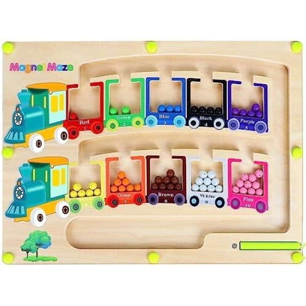 Magnetic Color & Number Maze Montessori Wooden Magnet Puzzle Game Board Montessori Color Matching Learning Counting Puzzle Board Toddler Fine Motor Skills Toys Giftfor Boys Girls 3 4 5 Years Old