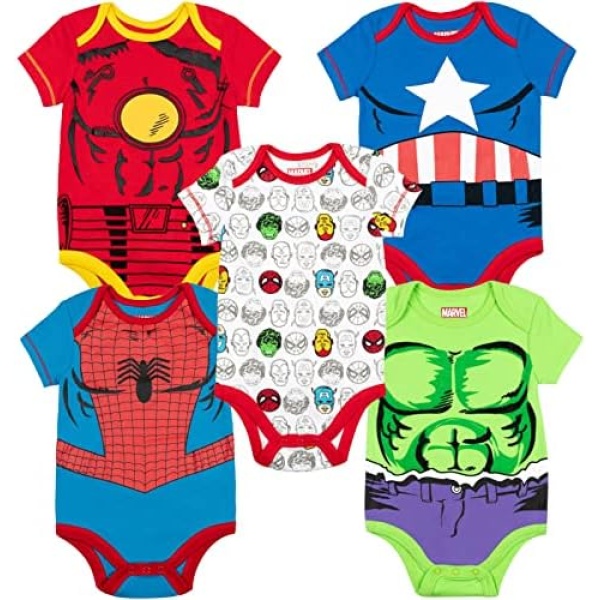 Marvel Baby Boys 5 Pack Bodysuits - The Hulk, Spiderman, Iron Man and Captain America