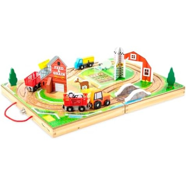 Melissa & Doug 17-Piece Wooden Take-Along Tabletop Farm, 4 Farm Vehicles, Play Pieces, Barn, Grain House | Take-Along Pretend Play Toy Barn Farm Toys For Toddlers Ages 1+