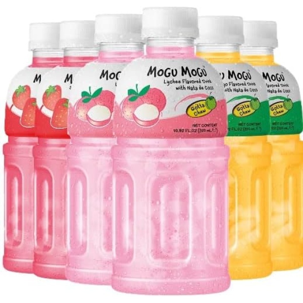 Mogu Mogu drink Variety Pack (6 Bottles) Drinks for kids made with fruit juice variety pack and nata de coco (coconut jelly) Fun chewable juice boxes for kids. Juice bottles with Lychee Juice, Mango Juice and Strawberry Juice