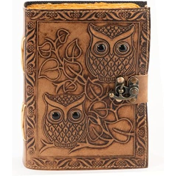 NATURALS EXPORT Owl Emboss Leather Journal Diary with 200 Handmade unruled Pages, Vintage Leather Dairy for Travel, Leather Notebook for Girls and Boys 5 * 7 Inch