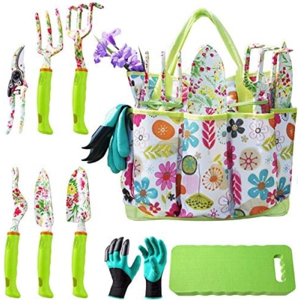 NAYE Garden Tool Set,Cute Gardening Gifts for Women,Birthday Gifts for Mom,Heavy Duty Tool Kit with Gloves,Garden Tote,Kneeling Pad,Hand Pruner,Trowel,Hand Rake,Weeder,Fork,Transplanter,Multicolor