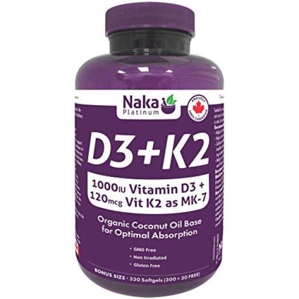 Naka Platinum D3+K2 Super BONUS SIZE 330 Softgels (300 + 30 FREE) Organic Coconut Oil Base for Optimal Absorption.