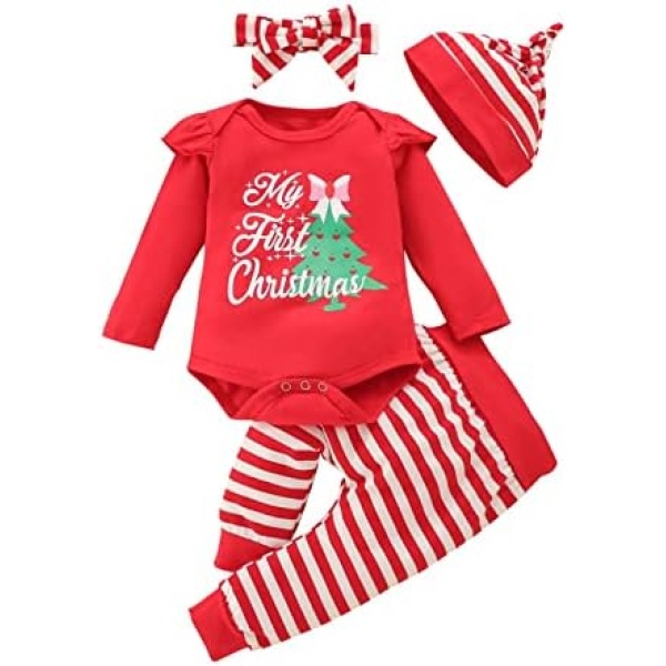 Newborn Baby Girl First Christmas Clothes Baby Elf Outfit Ruffle Pants for Infant Girl Xmas Clothing Set 0-18 Months