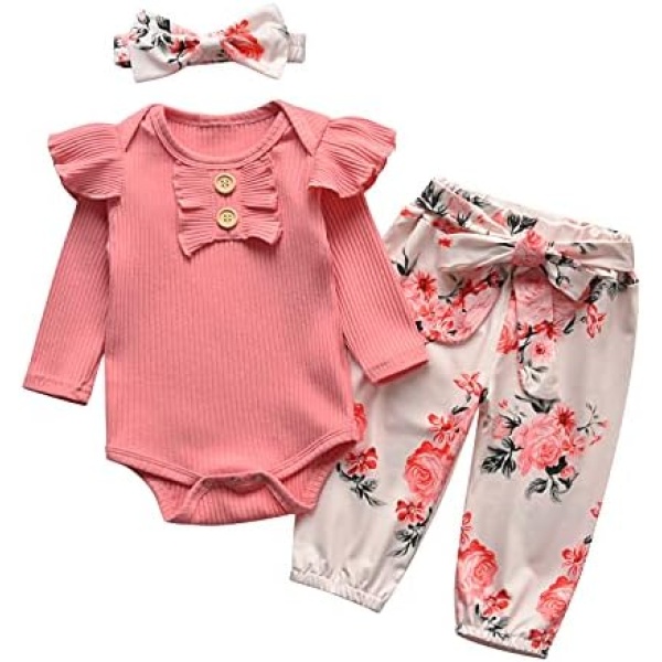 Newborn Baby Girls Clothes Outfits Infant Long Sleeve Romper Ruffle Floral Pants Headband Set