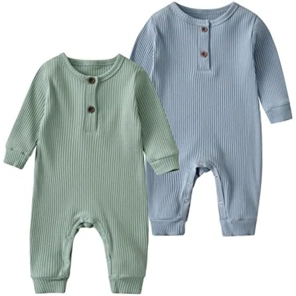 Newborn Infant Baby Boys Girls Long Sleeve Rompers Jumpsuit Unisex Button Knit Solid Ribbed Onesie Clothes - 2 pack