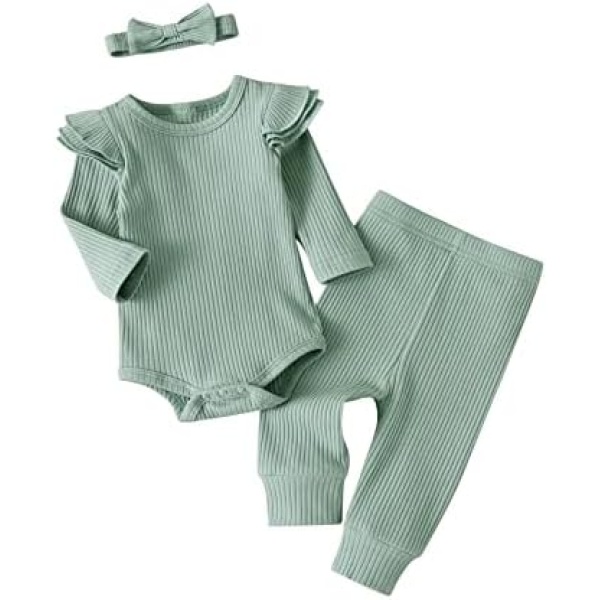 Newborn Infant Baby Girl Outfits Ribbed Solid Long Sleeve Ruffle Romper Pants Headband Set 3pcs