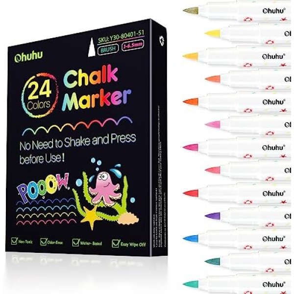 Ohuhu No Shaking and Pressing Chalk Markers for Chalkboard Brush Tip 24 Colors Chalkboard Markers for Blackboard Car Window Glass Easy to Wipe Off Chalk Pens Non-toxic for Adults Kids