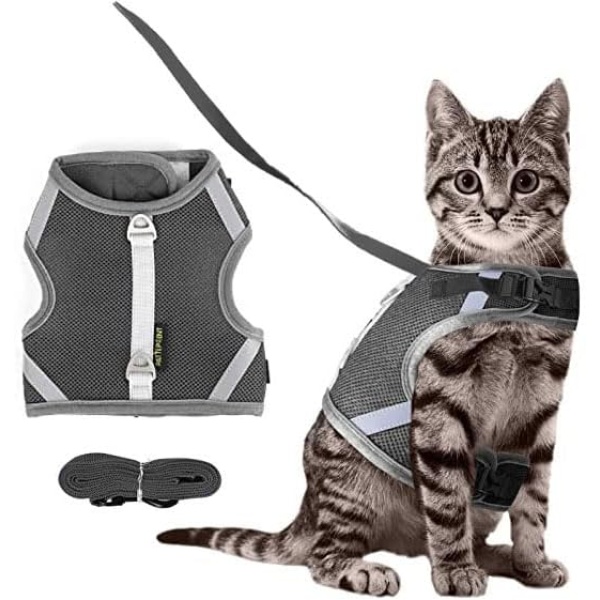 PATTEPOINT Cat Harness and Leash, Adjustable Walking Vest Harnesses for Kittens Cats, Escape Proof Breathable Full-Edge Reflective Strips Jacket, Easy Control Long Leash Small Cat Harness (XS Grey)