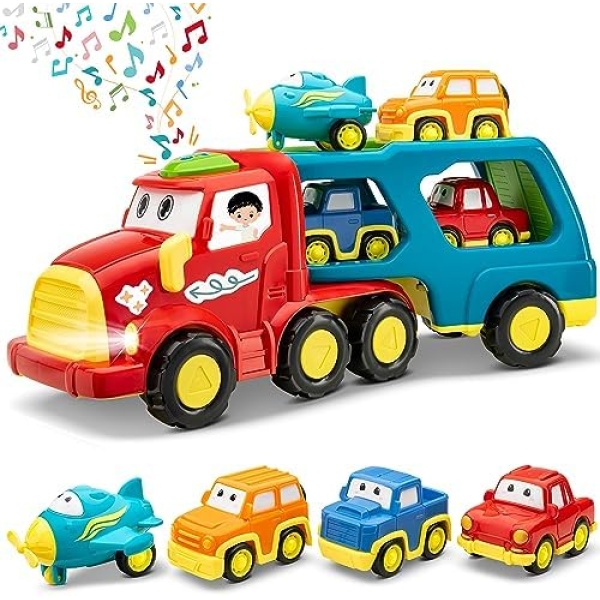 PLAY FRIENDS Truck Transporter with Fun Sounds, Lights & Pull Back Cars, 5 in 1 Truck, Cars for Toddlers 1-3, 2 3 4 5+ Year Old Boys, Great Birthday and Toddler Gifts for Boys & Girls